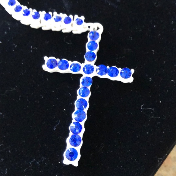 Blue white CZ rosary cross Jesus long necklace - Picture 3 of 6